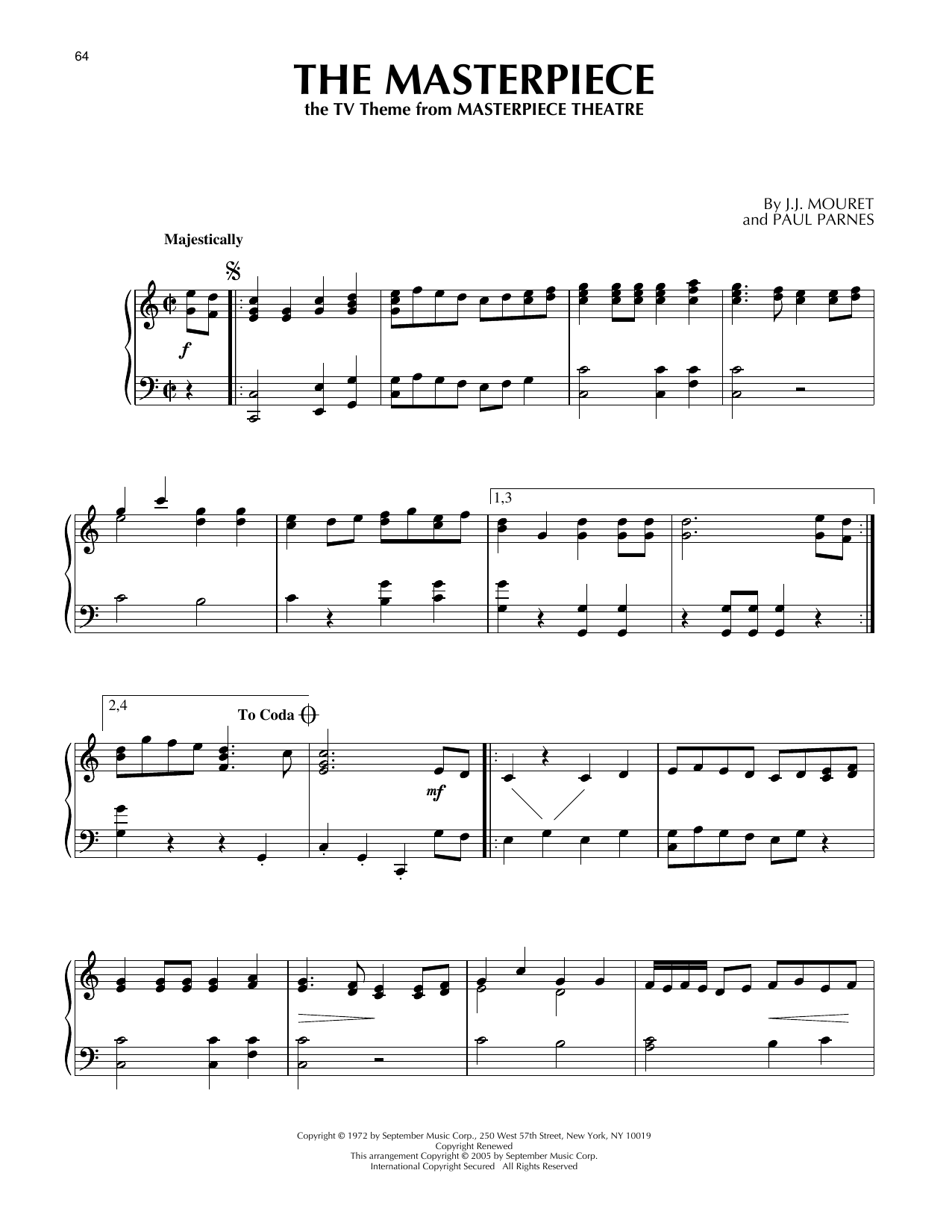 J.J. Mouret The Masterpiece (Theme from Masterpiece Theatre) Sheet Music Notes & Chords for Piano Solo - Download or Print PDF