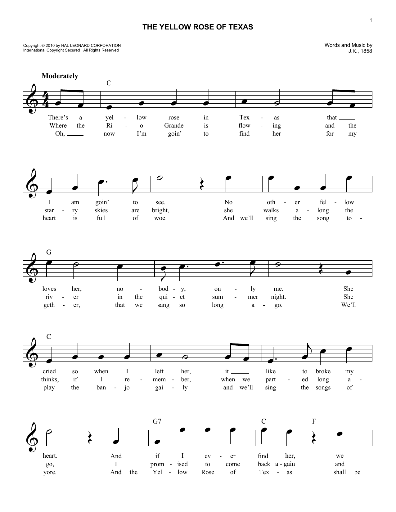 Traditional The Yellow Rose Of Texas Sheet Music Notes & Chords for Melody Line, Lyrics & Chords - Download or Print PDF