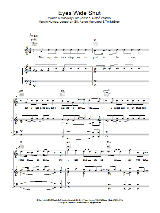 JLS Eyes Wide Shut Sheet Music Notes & Chords for Piano, Vocal & Guitar (Right-Hand Melody) - Download or Print PDF