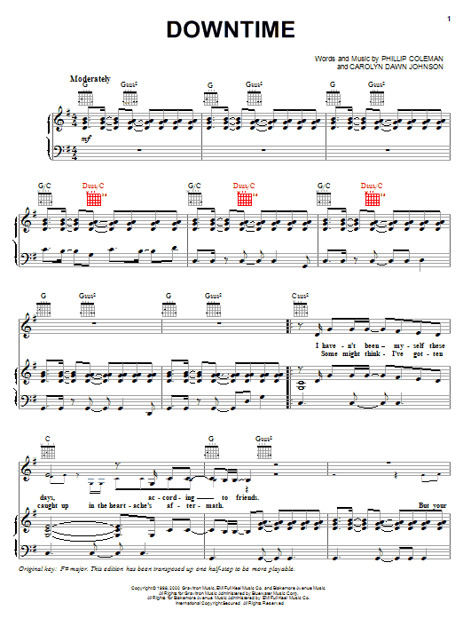 Jo Dee Messina Downtime Sheet Music Notes & Chords for Piano, Vocal & Guitar (Right-Hand Melody) - Download or Print PDF