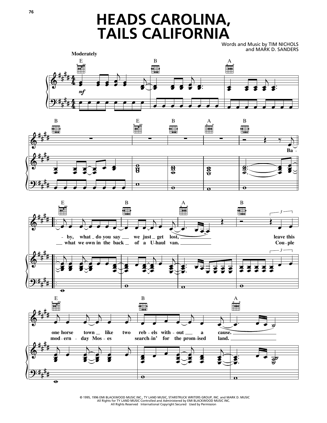 Jo Dee Messina Heads Carolina, Tails California Sheet Music Notes & Chords for Piano, Vocal & Guitar (Right-Hand Melody) - Download or Print PDF