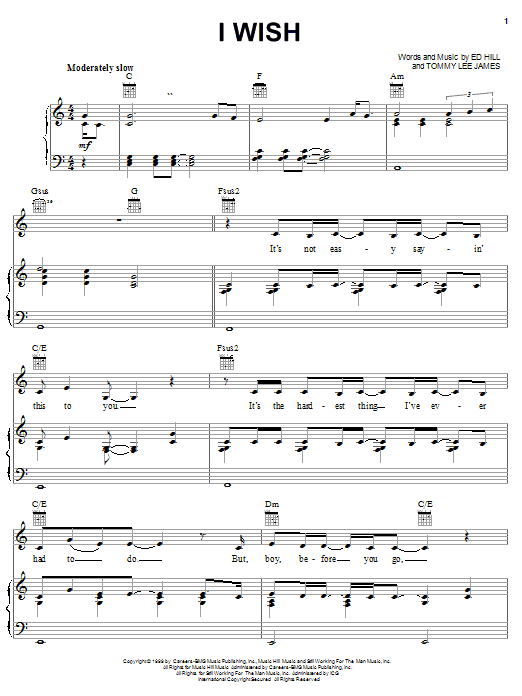 Jo Dee Messina I Wish Sheet Music Notes & Chords for Piano, Vocal & Guitar (Right-Hand Melody) - Download or Print PDF