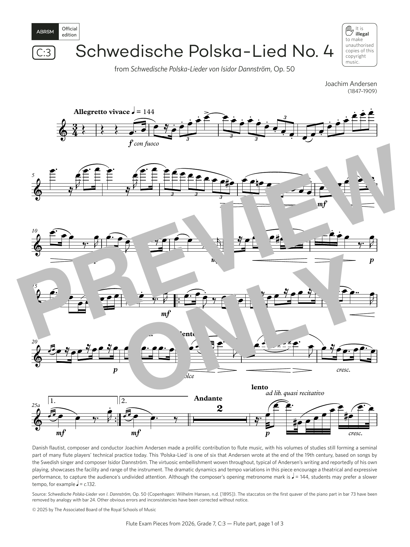 Joachim Andersen Schwedische Polska-Lied No. 4 (Grade 7, list C3, from the ABRSM Flute Syllabus from 2026) Sheet Music Notes & Chords for Flute Solo - Download or Print PDF Joachim Andersen Schwedische Polska-Lied No. 4 (Grade 7, list C3, from the ABRSM Flute Syllabus from 2026) Sheet Music Notes & Chords for Flute Solo - Download or Print PDF