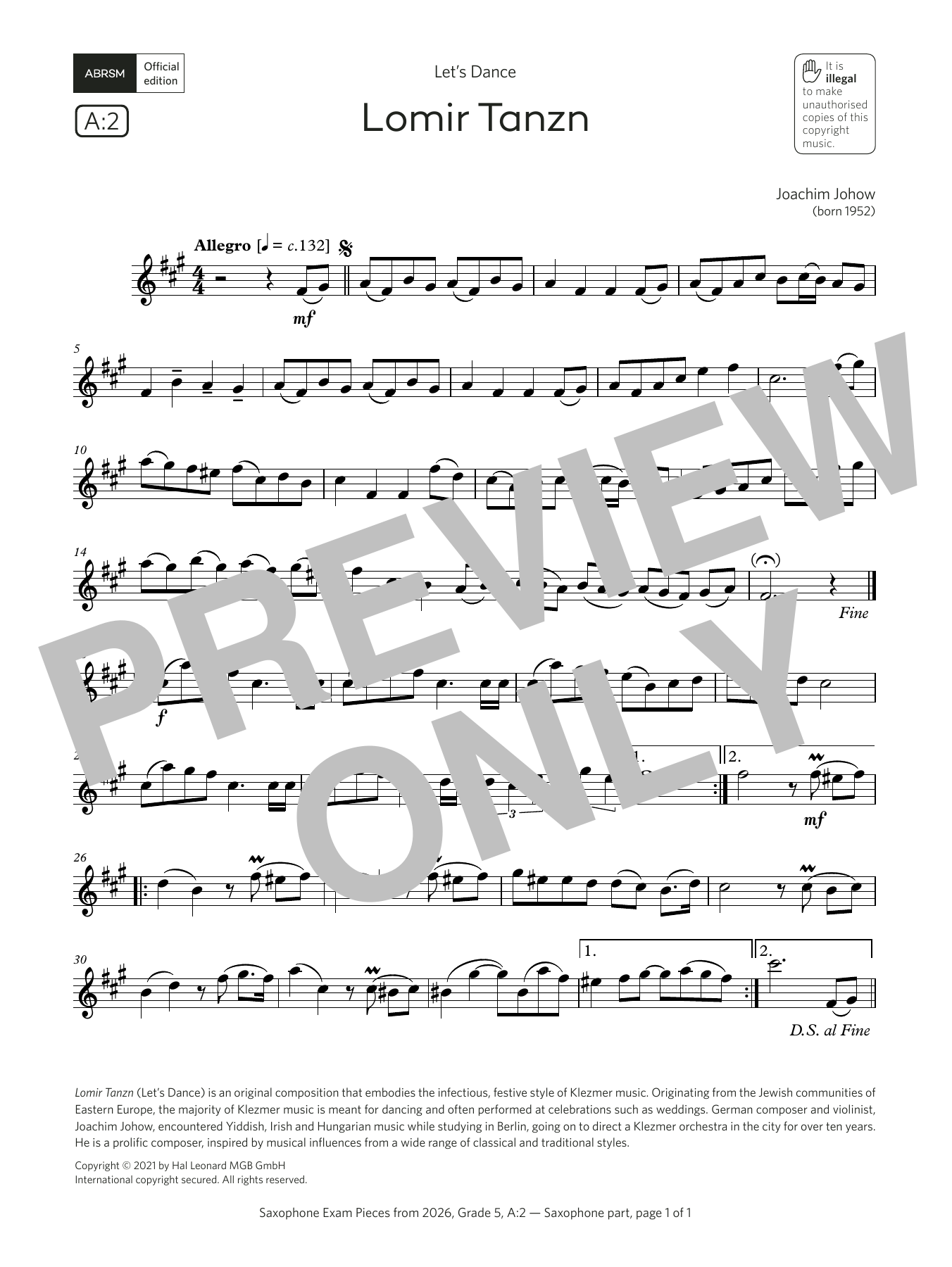 Joachim Johow Lomir Tanzn (Grade 5, list A2, from the ABRSM Saxophone Syllabus from 2026) Sheet Music Notes & Chords for Alto Sax Solo - Download or Print PDF Joachim Johow Lomir Tanzn (Grade 5, list A2, from the ABRSM Saxophone Syllabus from 2026) Sheet Music Notes & Chords for Alto Sax Solo - Download or Print PDF