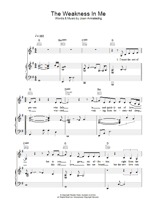 Joan Armatrading The Weakness In Me Sheet Music Notes & Chords for Piano, Vocal & Guitar - Download or Print PDF