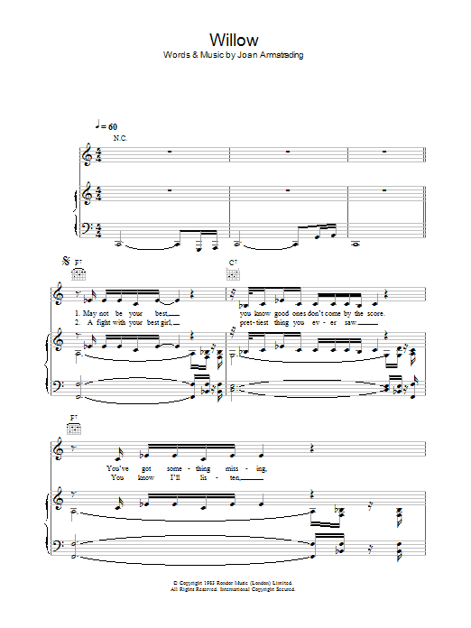 Joan Armatrading Willow Sheet Music Notes & Chords for Lyrics & Chords - Download or Print PDF