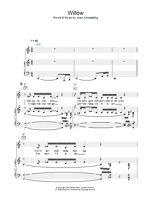 Joan Armatrading Willow Sheet Music Notes & Chords for Piano, Vocal & Guitar (Right-Hand Melody) - Download or Print PDF