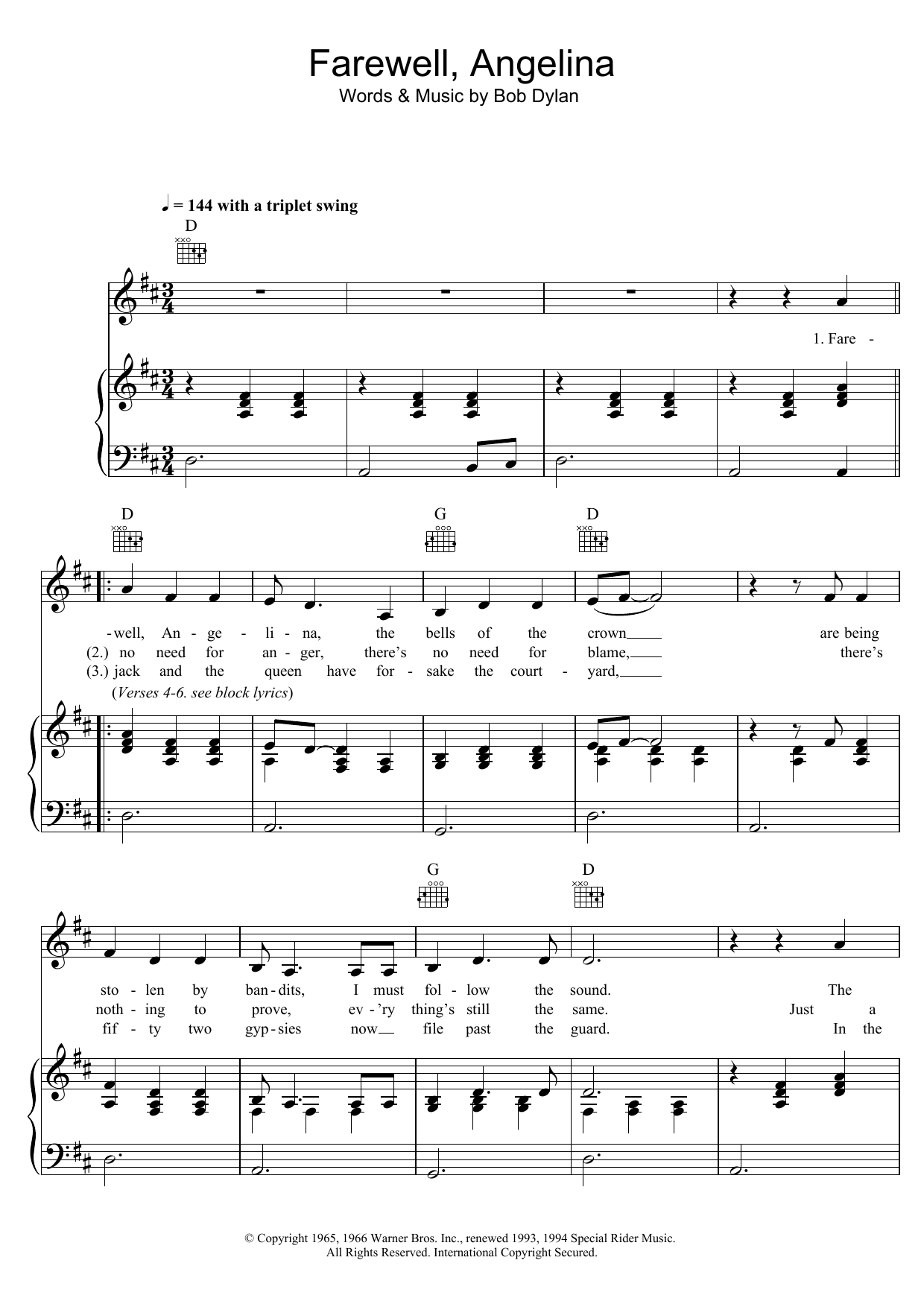 Joan Baez Farewell, Angelina Sheet Music Notes & Chords for Piano, Vocal & Guitar (Right-Hand Melody) - Download or Print PDF