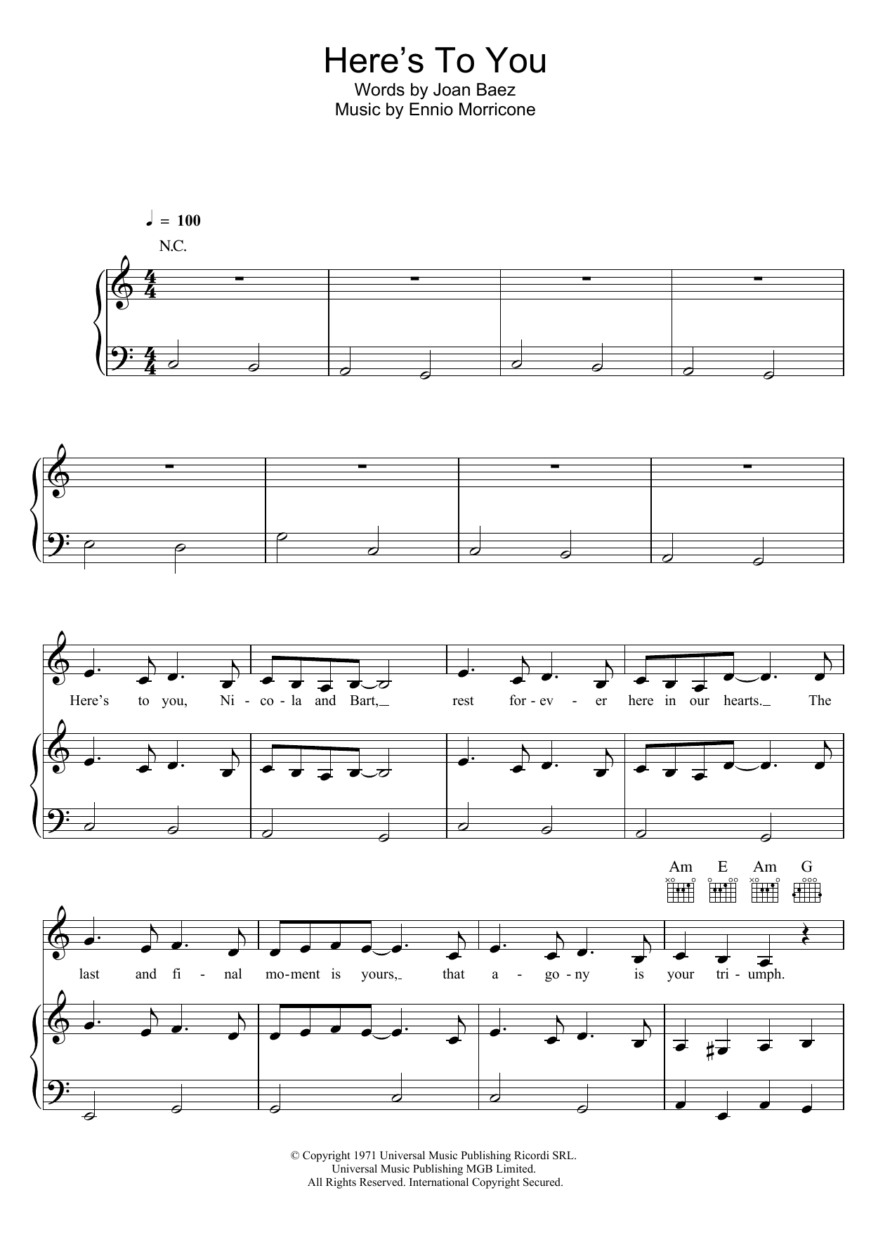 Joan Baez Here's To You Sheet Music Notes & Chords for Piano, Vocal & Guitar (Right-Hand Melody) - Download or Print PDF