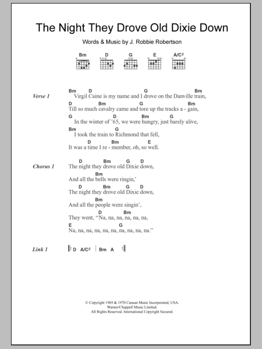 Joan Baez The Night They Drove Old Dixie Down Sheet Music Notes & Chords for Lyrics & Chords - Download or Print PDF