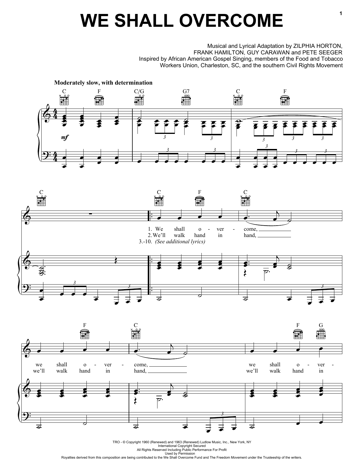 Joan Baez We Shall Overcome Sheet Music Notes & Chords for Piano, Vocal & Guitar (Right-Hand Melody) - Download or Print PDF