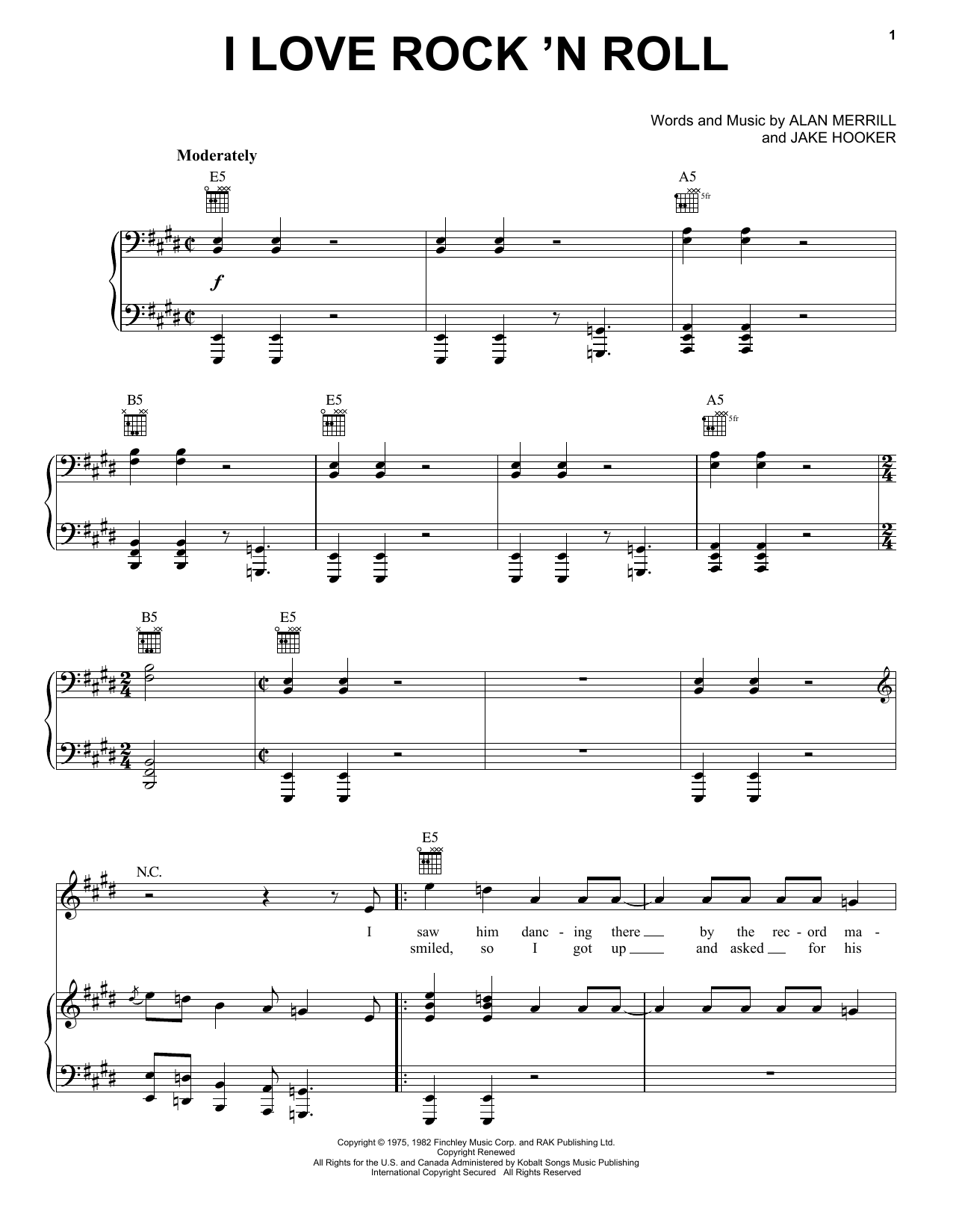Joan Jett & The Blackhearts I Love Rock 'N Roll Sheet Music Notes & Chords for Piano, Vocal & Guitar (Right-Hand Melody) - Download or Print PDF