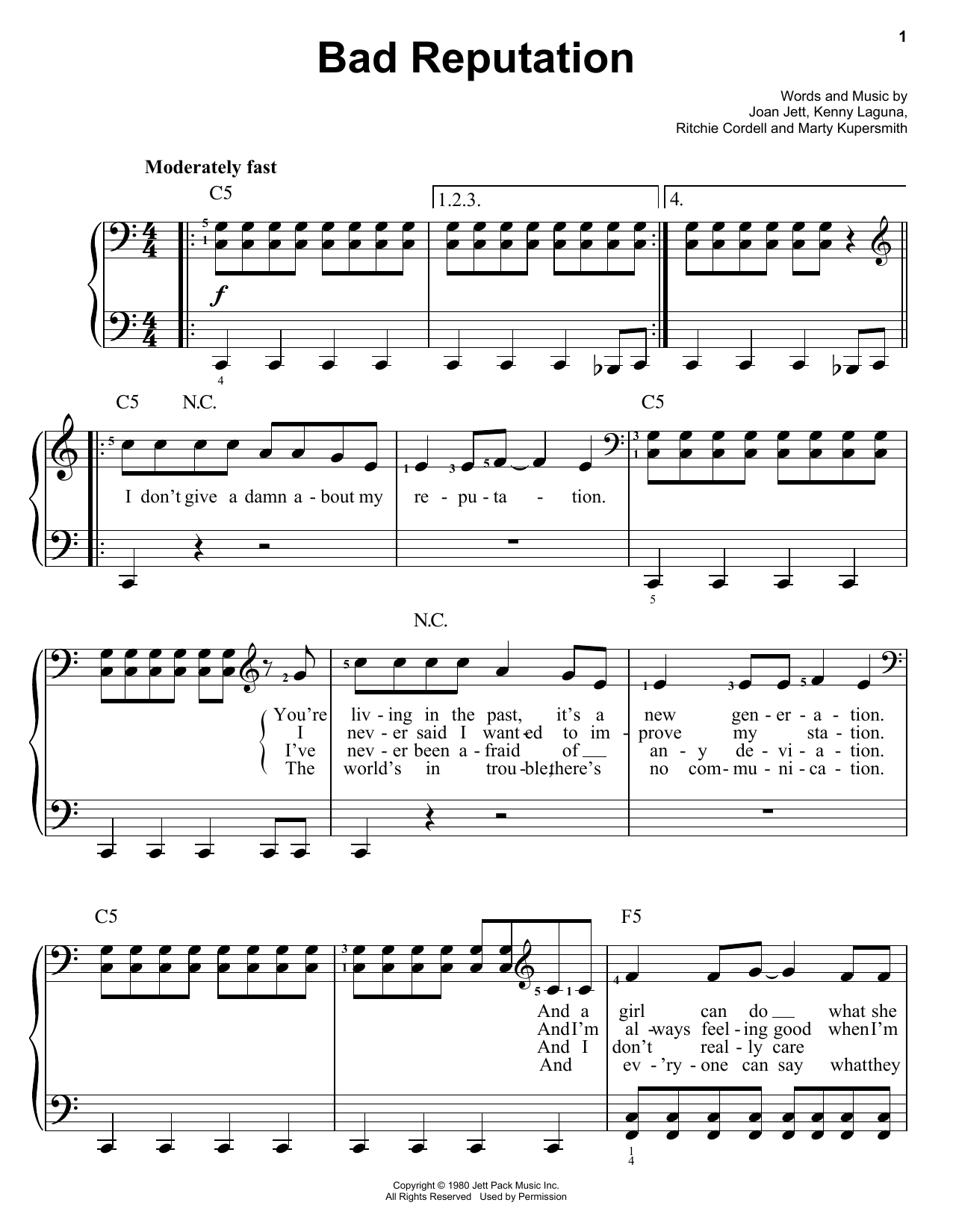 Joan Jett Bad Reputation Sheet Music Notes & Chords for Easy Piano - Download or Print PDF