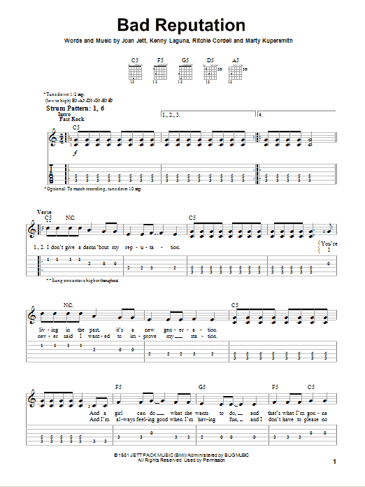 Joan Jett Bad Reputation Sheet Music Notes & Chords for Easy Guitar Tab - Download or Print PDF