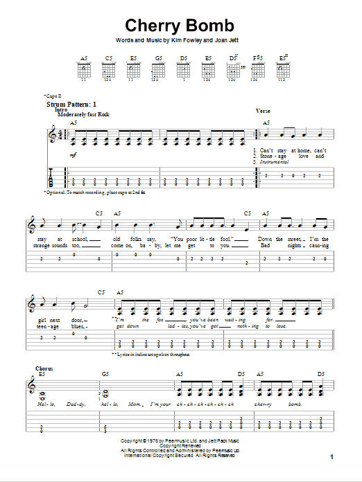 Joan Jett Cherry Bomb Sheet Music Notes & Chords for Easy Guitar Tab - Download or Print PDF