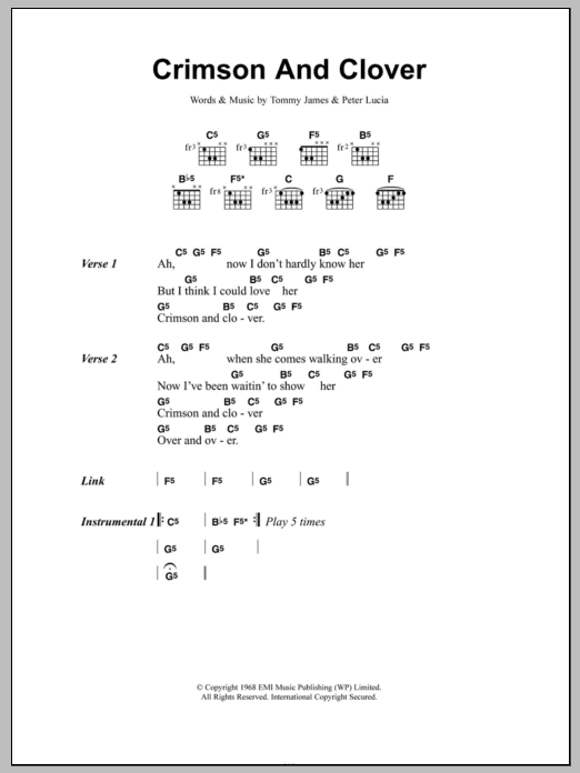 Joan Jett Crimson And Clover Sheet Music Notes & Chords for Lyrics & Chords - Download or Print PDF