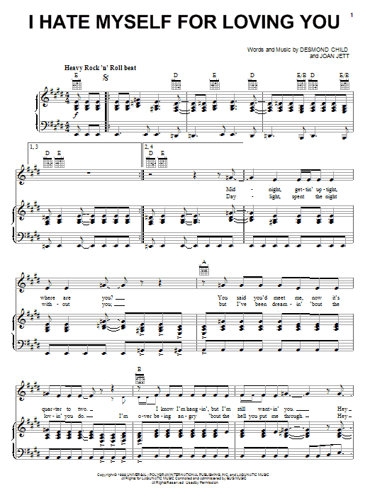 Joan Jett I Hate Myself For Loving You Sheet Music Notes & Chords for Piano, Vocal & Guitar (Right-Hand Melody) - Download or Print PDF