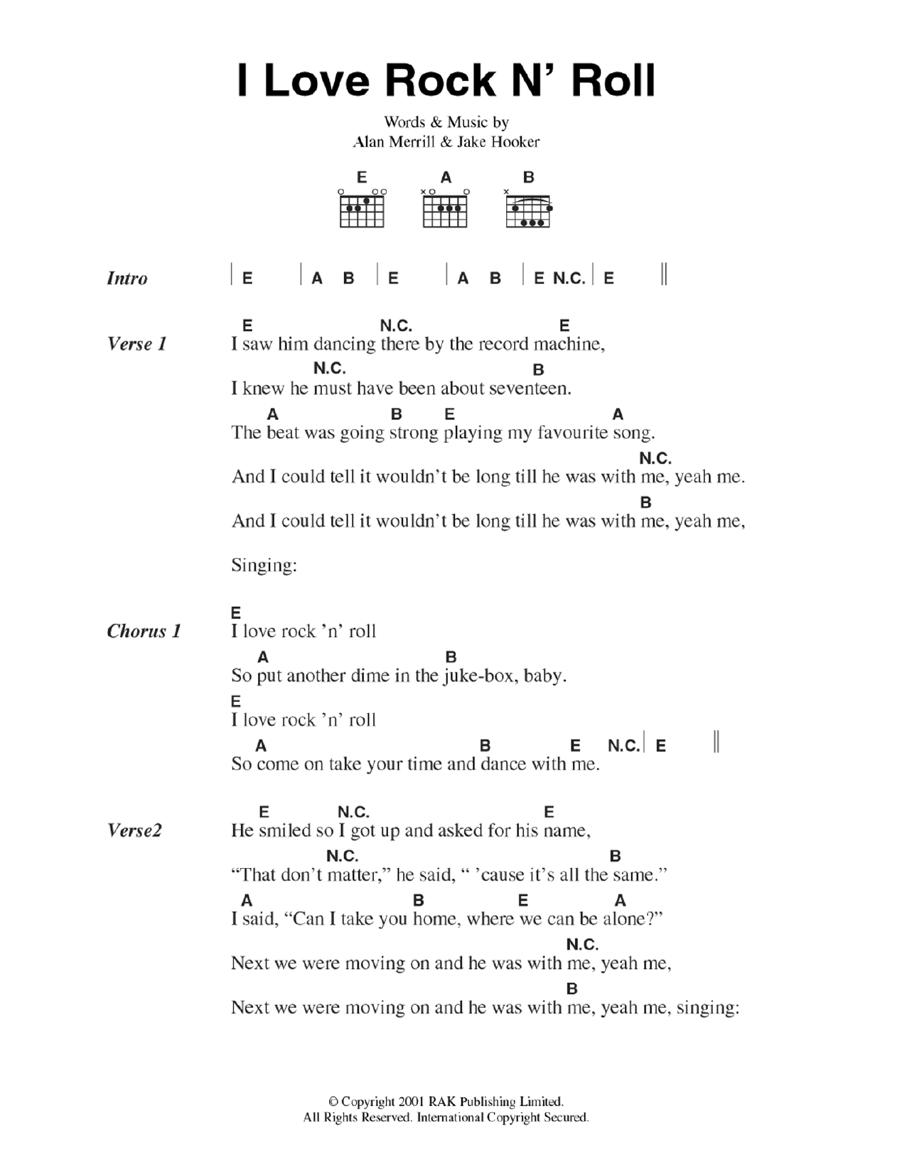 Joan Jett I Love Rock N' Roll Sheet Music Notes & Chords for Lyrics & Chords - Download or Print PDF
