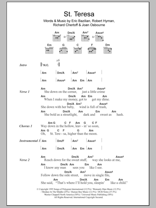 Joan Osbourne St. Teresa Sheet Music Notes & Chords for Lyrics & Chords - Download or Print PDF