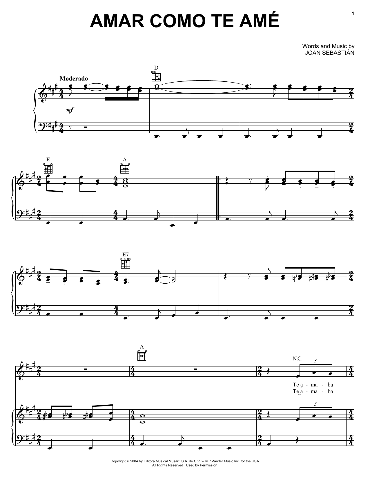 Joan Sebastian Amar Como Te Ame Sheet Music Notes & Chords for Piano, Vocal & Guitar (Right-Hand Melody) - Download or Print PDF