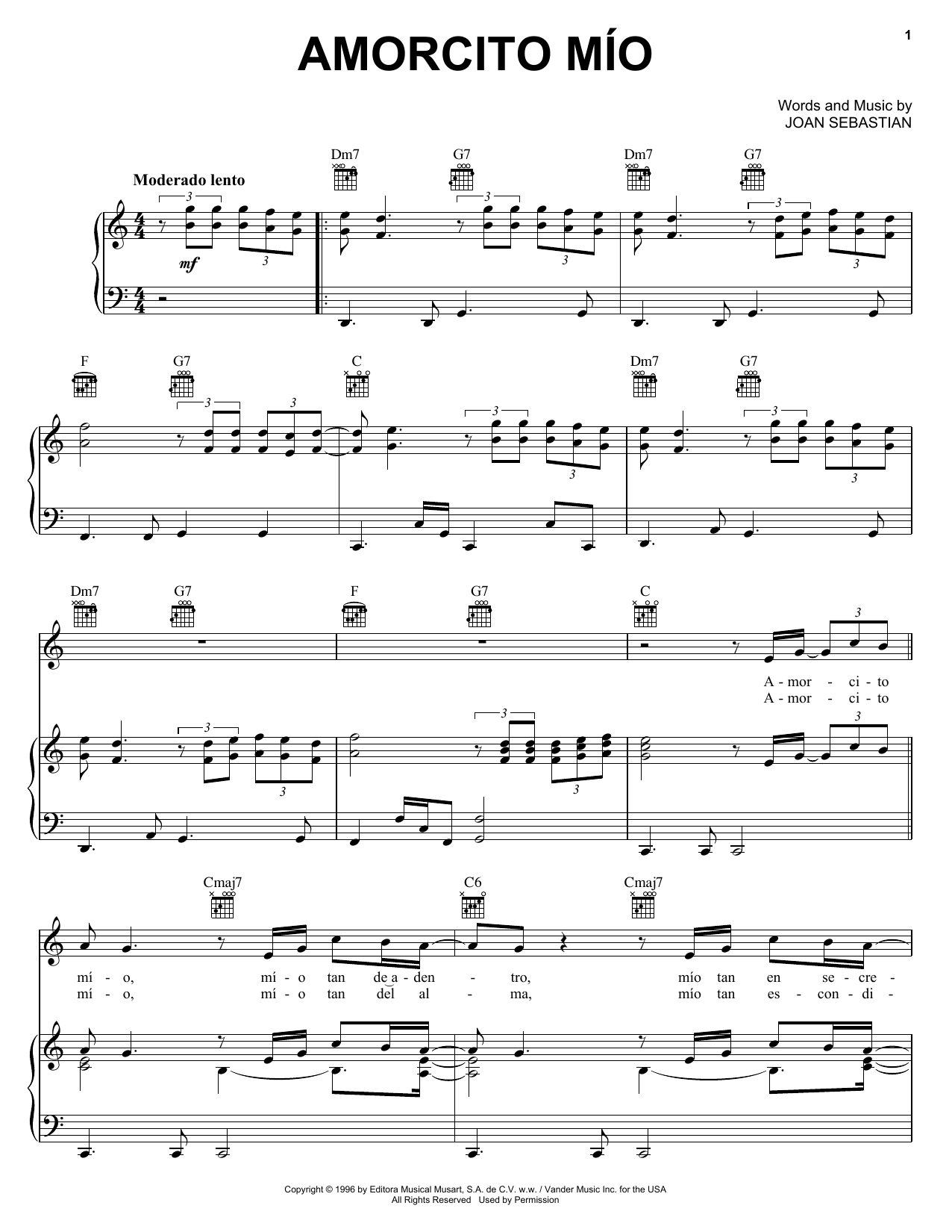 Joan Sebastian Amorcito Mío Sheet Music Notes & Chords for Piano, Vocal & Guitar (Right-Hand Melody) - Download or Print PDF