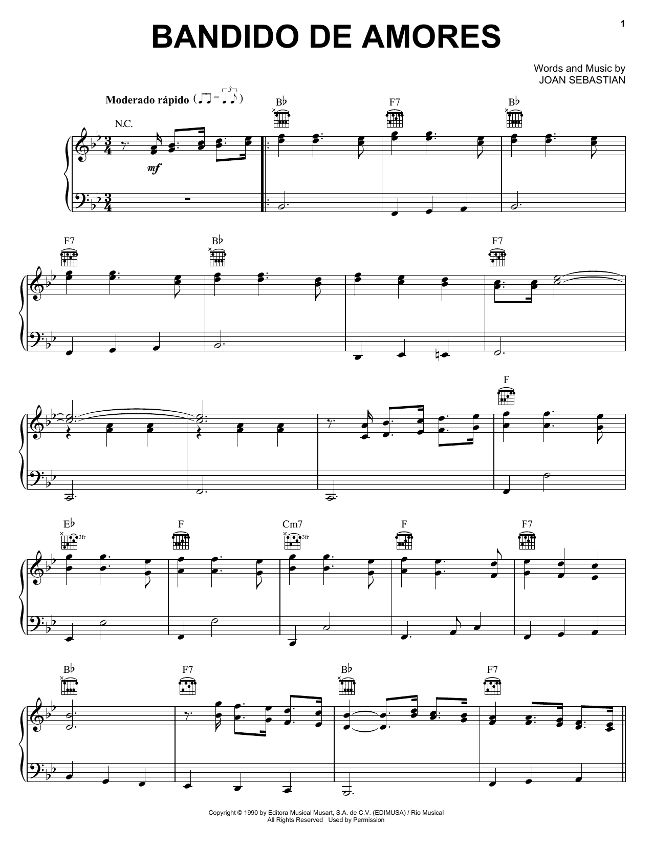Joan Sebastian Bandido De Amores Sheet Music Notes & Chords for Piano, Vocal & Guitar (Right-Hand Melody) - Download or Print PDF Joan Sebastian Bandido De Amores Sheet Music Notes & Chords for Piano, Vocal & Guitar (Right-Hand Melody) - Download or Print PDF