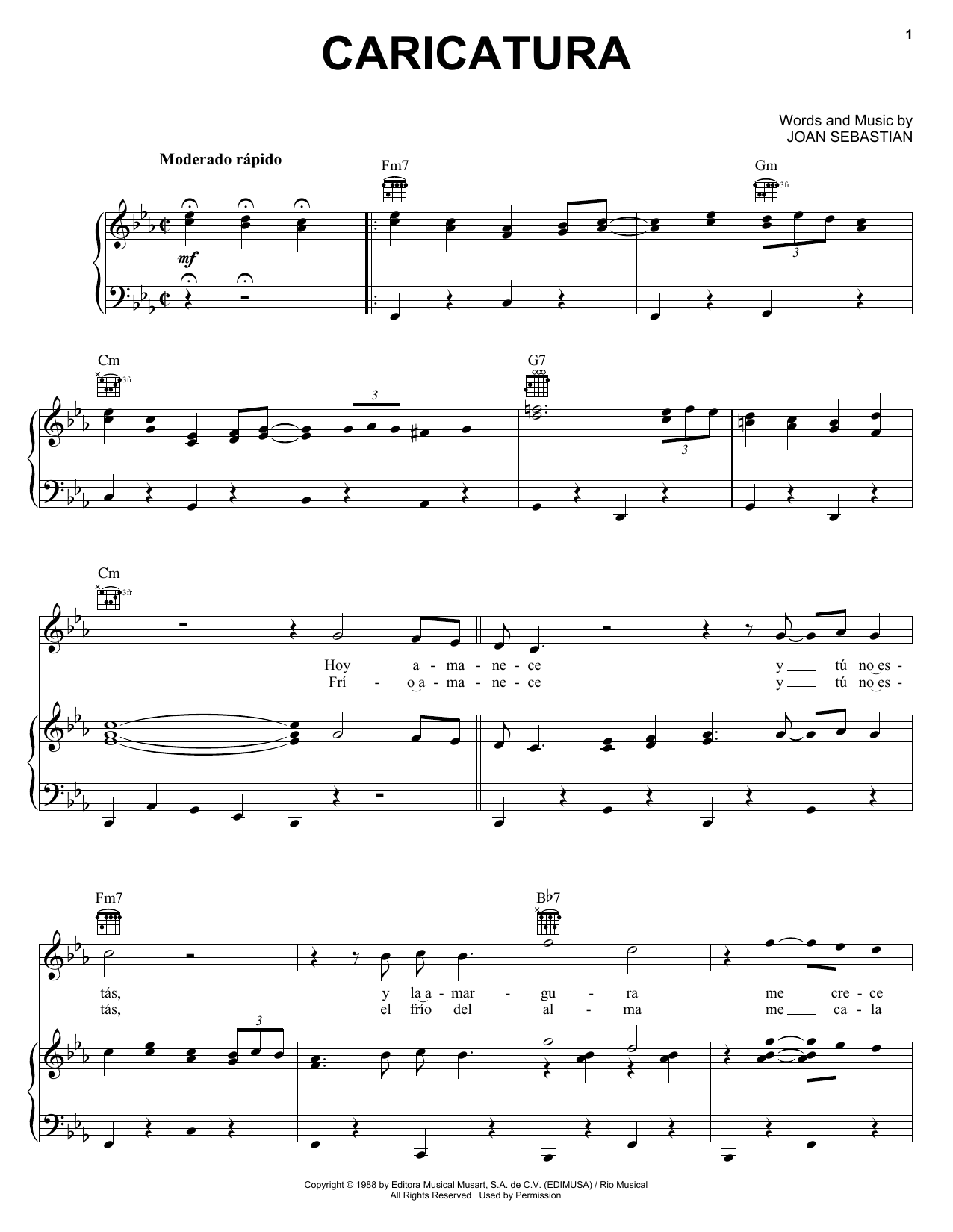 Joan Sebastian Caricatura Sheet Music Notes & Chords for Piano, Vocal & Guitar (Right-Hand Melody) - Download or Print PDF