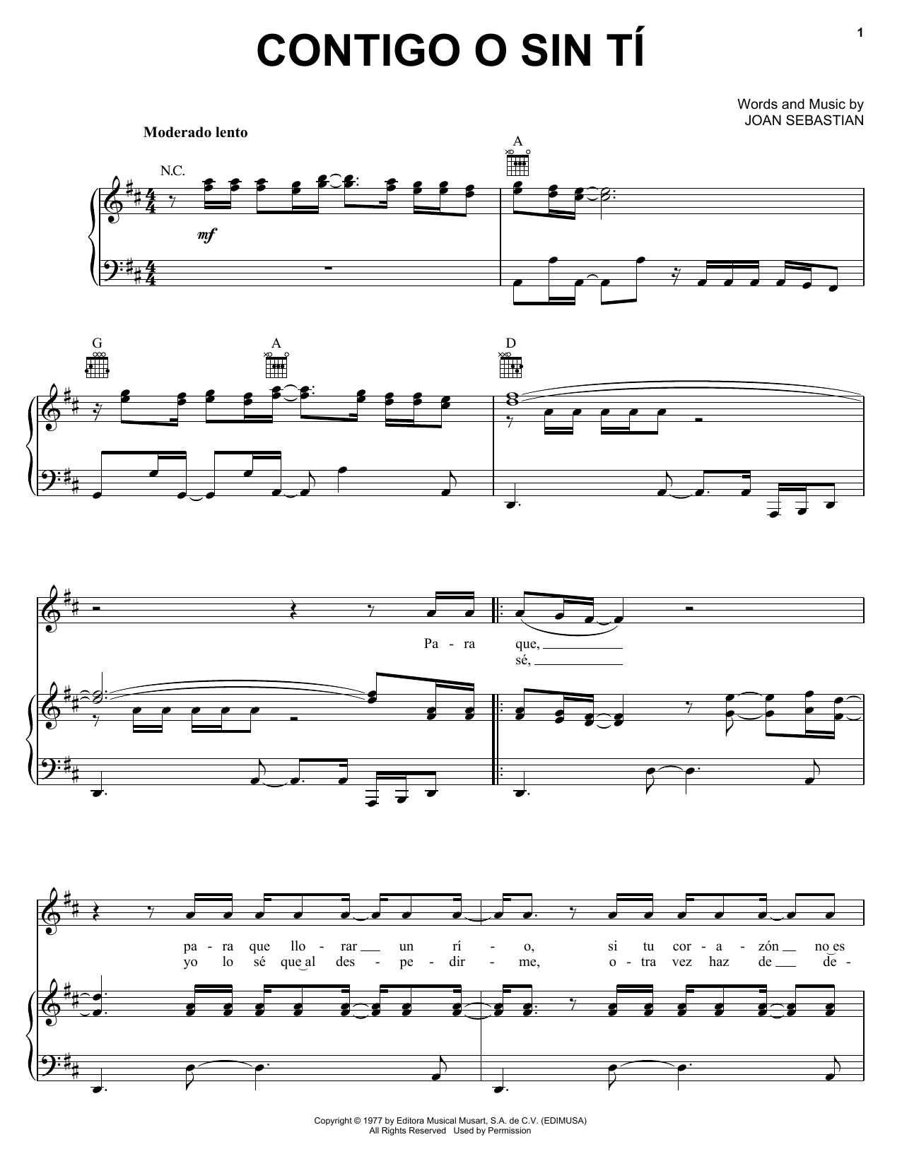 Joan Sebastian Contigo O Sin Tí Sheet Music Notes & Chords for Piano, Vocal & Guitar (Right-Hand Melody) - Download or Print PDF Joan Sebastian Contigo O Sin Tí Sheet Music Notes & Chords for Piano, Vocal & Guitar (Right-Hand Melody) - Download or Print PDF