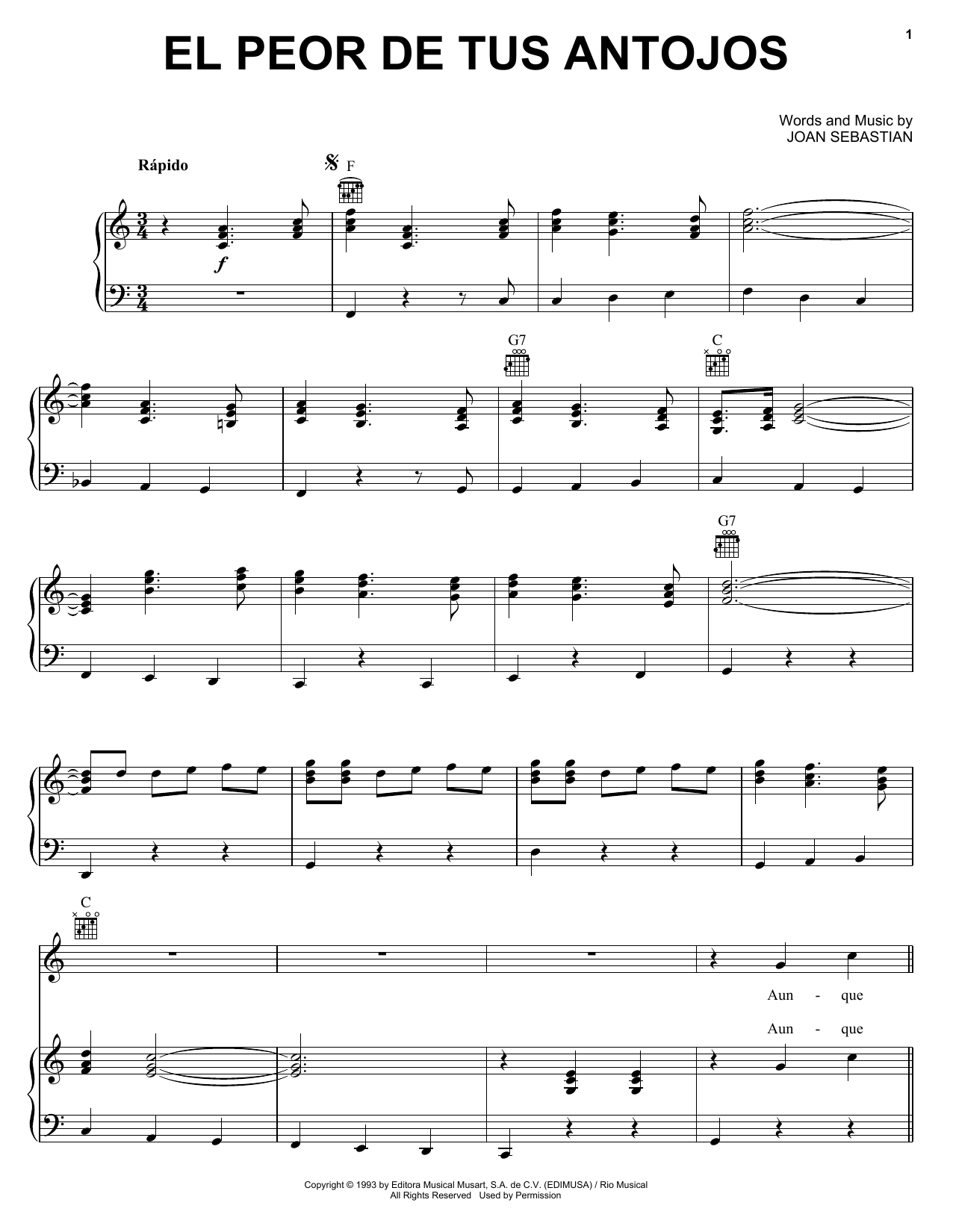 Joan Sebastian El Peor De Tus Antojos Sheet Music Notes & Chords for Piano, Vocal & Guitar (Right-Hand Melody) - Download or Print PDF