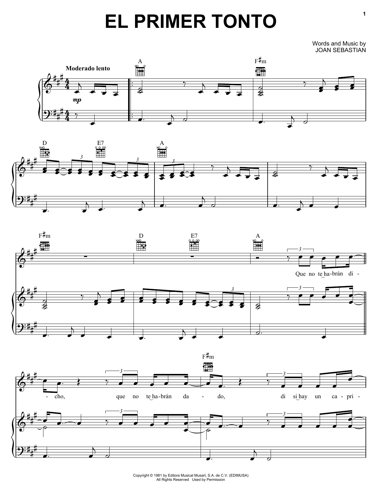 Joan Sebastian El Primer Tonto Sheet Music Notes & Chords for Piano, Vocal & Guitar (Right-Hand Melody) - Download or Print PDF