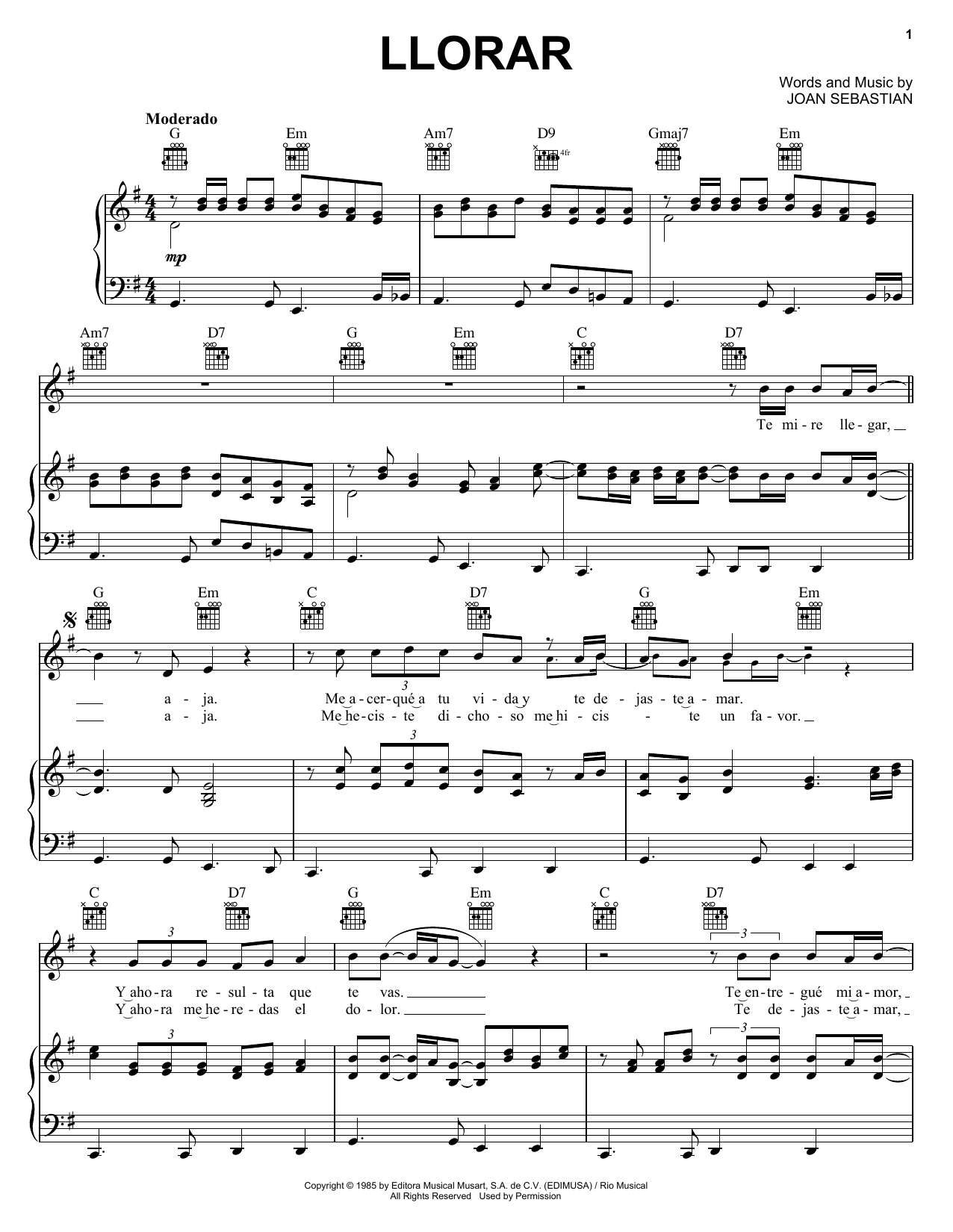 Joan Sebastian Llorar Sheet Music Notes & Chords for Piano, Vocal & Guitar (Right-Hand Melody) - Download or Print PDF