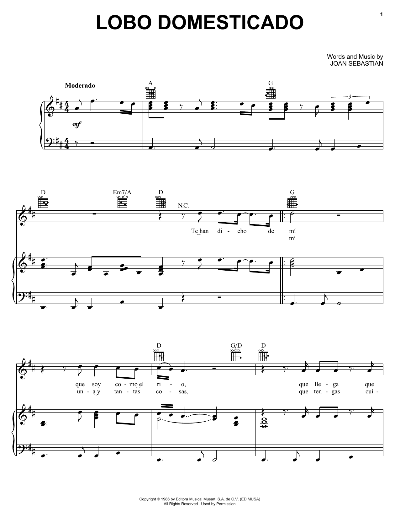 Joan Sebastian Lobo Domesticado Sheet Music Notes & Chords for Piano, Vocal & Guitar (Right-Hand Melody) - Download or Print PDF