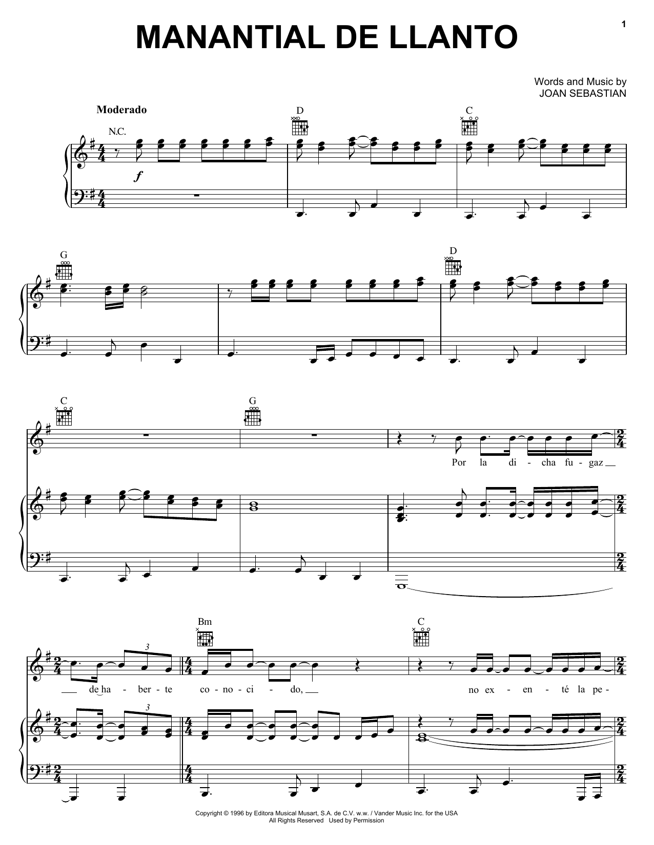 Joan Sebastian Manantial De Llanto Sheet Music Notes & Chords for Piano, Vocal & Guitar (Right-Hand Melody) - Download or Print PDF