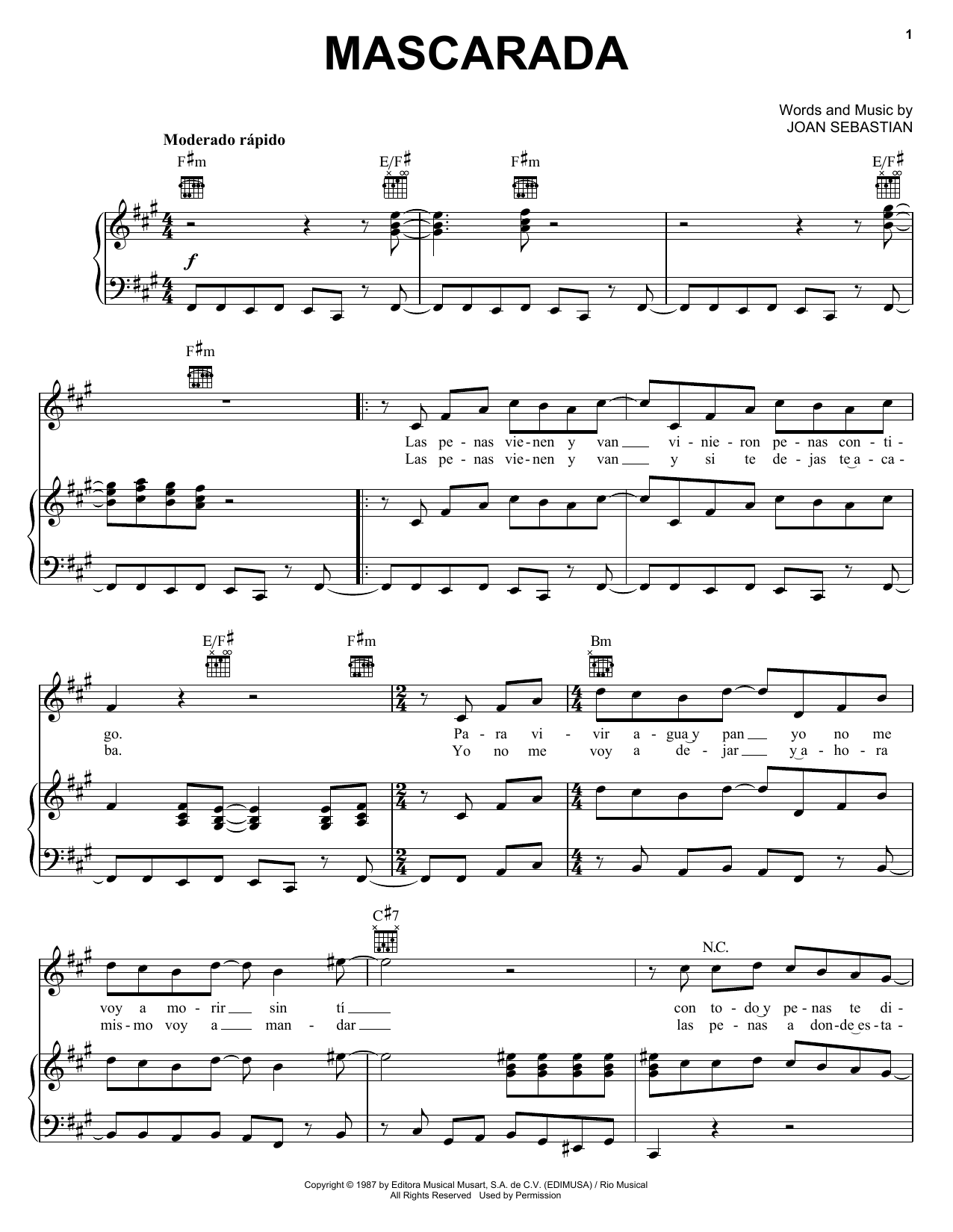 Joan Sebastian Mascarada Sheet Music Notes & Chords for Piano, Vocal & Guitar (Right-Hand Melody) - Download or Print PDF