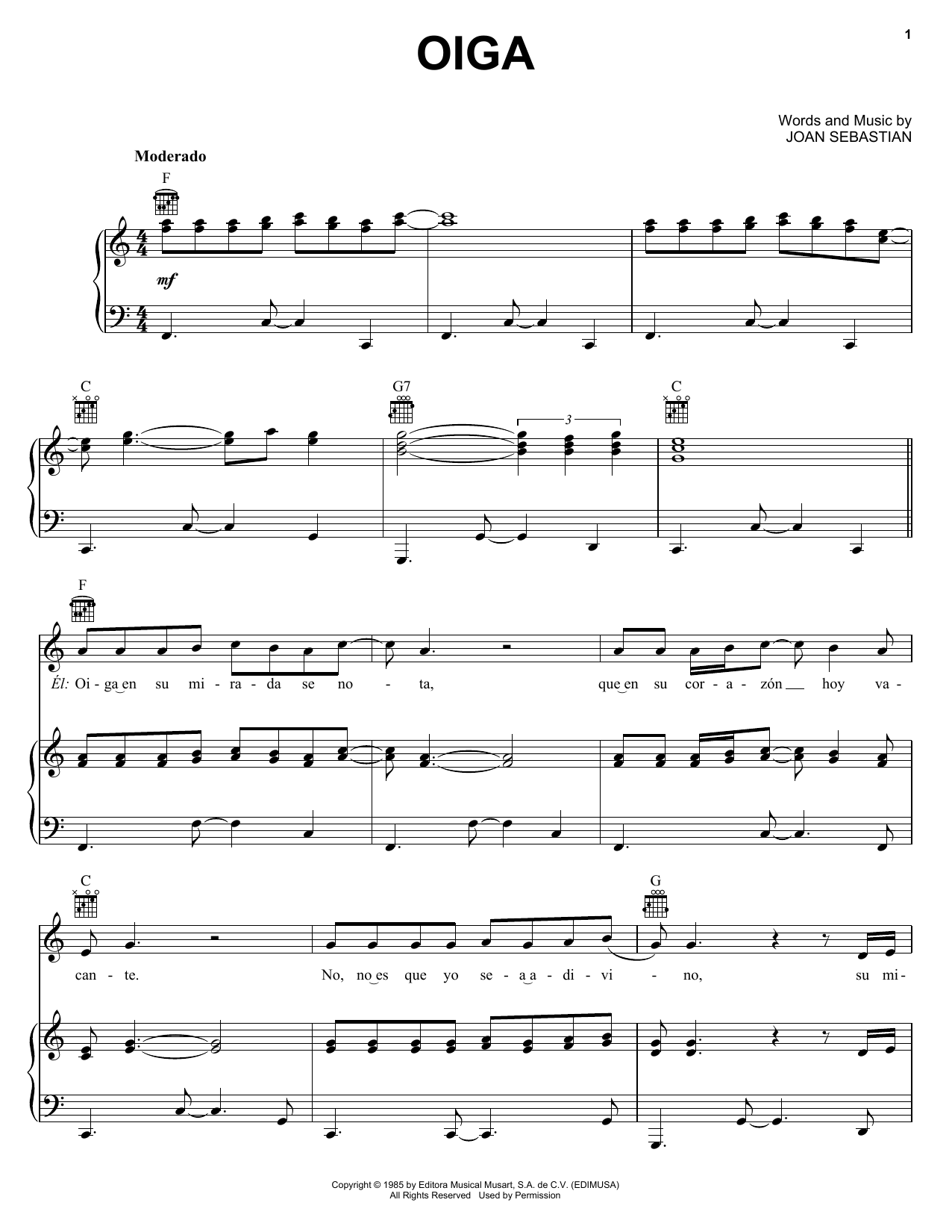 Joan Sebastian Oiga Sheet Music Notes & Chords for Piano, Vocal & Guitar (Right-Hand Melody) - Download or Print PDF Joan Sebastian Oiga Sheet Music Notes & Chords for Piano, Vocal & Guitar (Right-Hand Melody) - Download or Print PDF