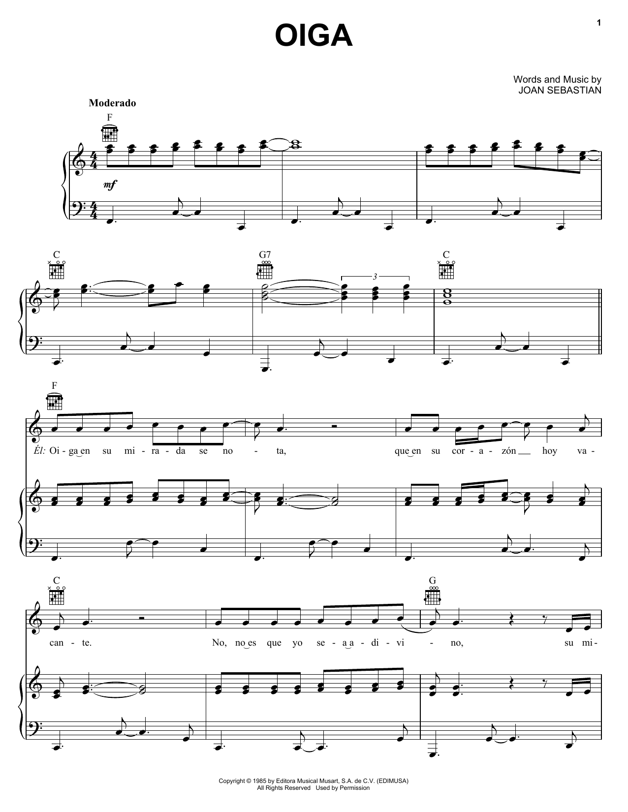 Joan Sebastian Oiga Sheet Music Notes & Chords for Piano, Vocal & Guitar (Right-Hand Melody) - Download or Print PDF