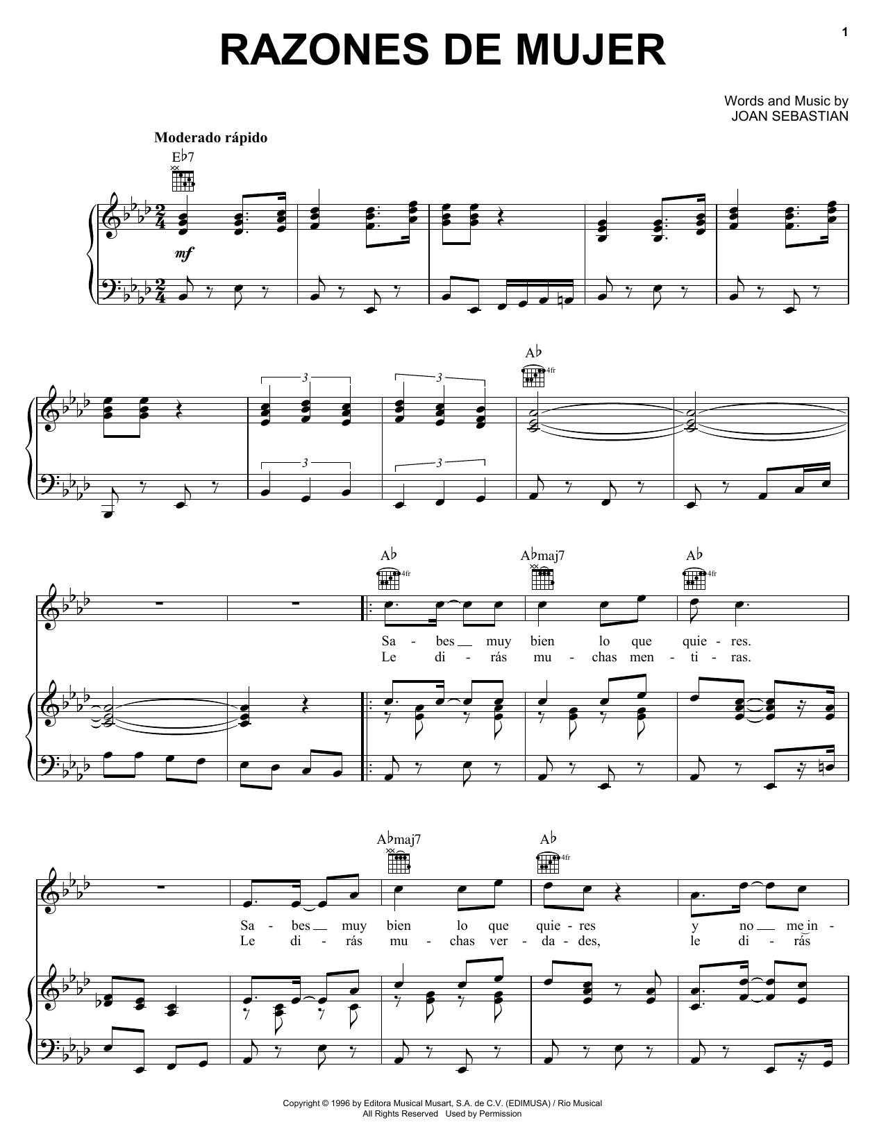 Joan Sebastian Razones De Mujer Sheet Music Notes & Chords for Piano, Vocal & Guitar (Right-Hand Melody) - Download or Print PDF