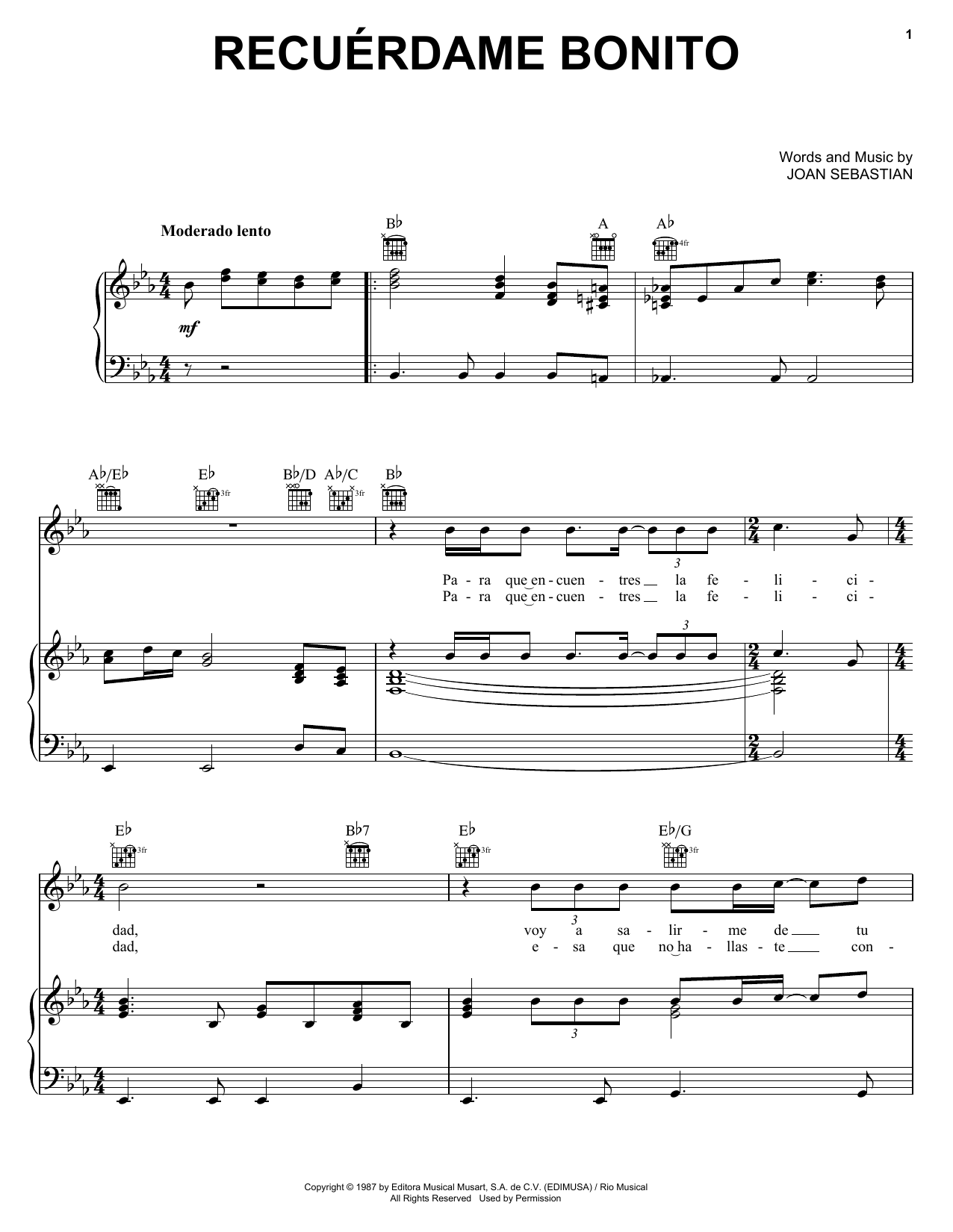 Joan Sebastian Recúerdame Bonito Sheet Music Notes & Chords for Piano, Vocal & Guitar (Right-Hand Melody) - Download or Print PDF Joan Sebastian Recúerdame Bonito Sheet Music Notes & Chords for Piano, Vocal & Guitar (Right-Hand Melody) - Download or Print PDF