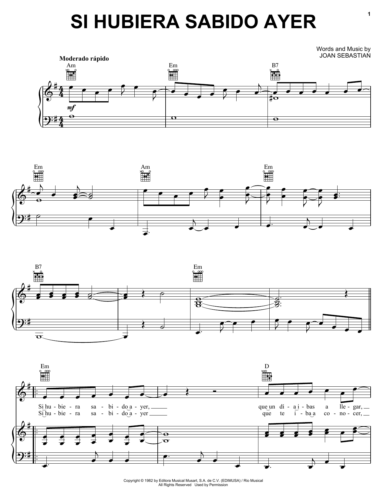 Joan Sebastian Si Hubiera Sabido Ayer Sheet Music Notes & Chords for Piano, Vocal & Guitar (Right-Hand Melody) - Download or Print PDF