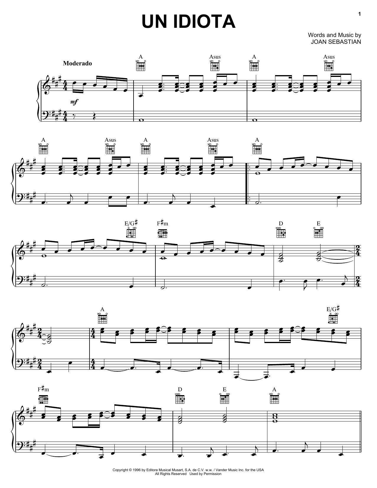 Joan Sebastian Un Idiota Sheet Music Notes & Chords for Piano, Vocal & Guitar (Right-Hand Melody) - Download or Print PDF