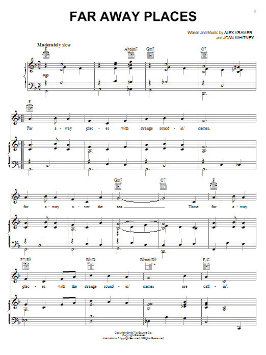 Joan Whitney Far Away Places Sheet Music Notes & Chords for Piano, Vocal & Guitar (Right-Hand Melody) - Download or Print PDF