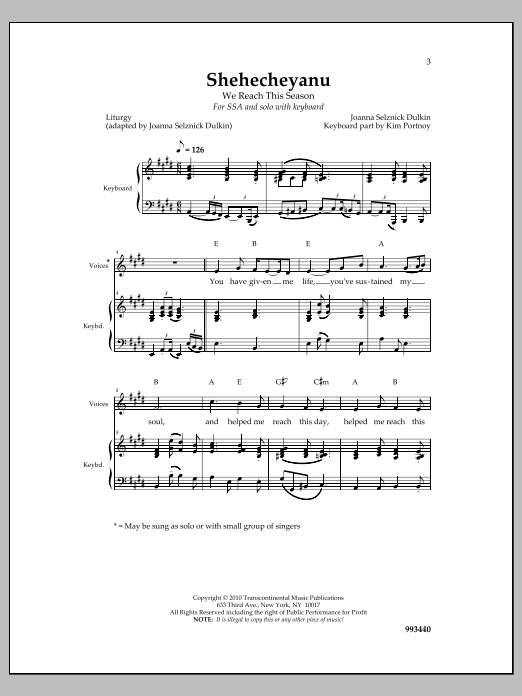 Joanna Sulznick Dulkin Shehecheyanu Sheet Music Notes & Chords for Choral - Download or Print PDF