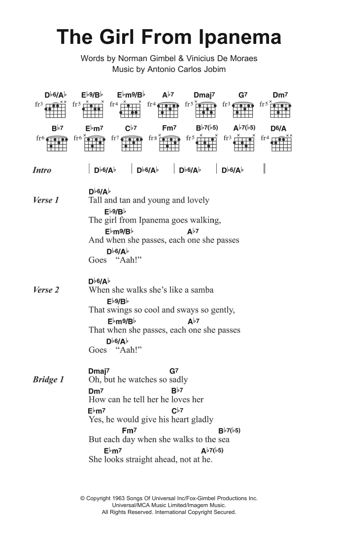 Joao Gilberto The Girl From Ipanema (feat. Astrud Gilberto) Sheet Music Notes & Chords for Lyrics & Chords - Download or Print PDF