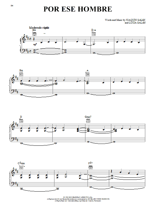 Joaquin Galan Por Ese Hombre Sheet Music Notes & Chords for Piano, Vocal & Guitar (Right-Hand Melody) - Download or Print PDF