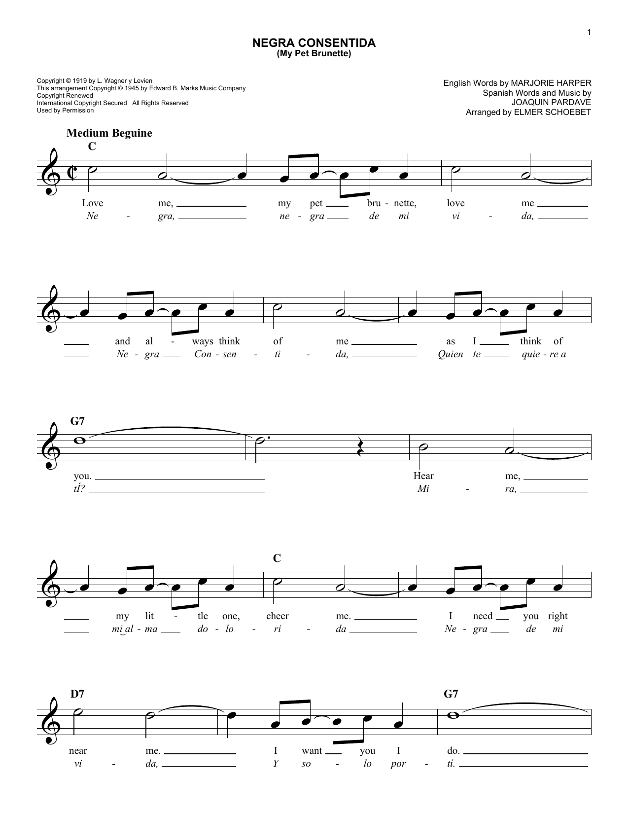 Joaquin Pardave Negra Consentida (My Pet Brunette) Sheet Music Notes & Chords for Melody Line, Lyrics & Chords - Download or Print PDF