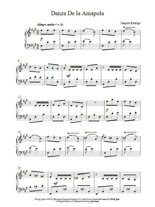 Joaquin Rodrigo Danza De La Amapola Sheet Music Notes & Chords for Piano Solo - Download or Print PDF