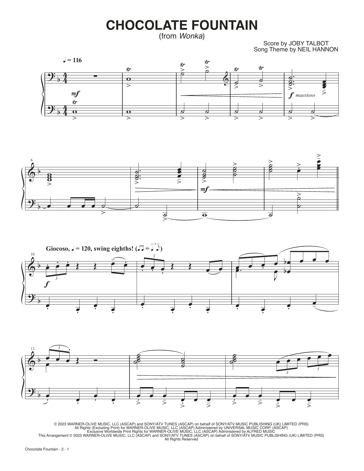 Joby Talbot Chocolate Fountain (from Wonka) Sheet Music Notes & Chords for Piano Solo - Download or Print PDF