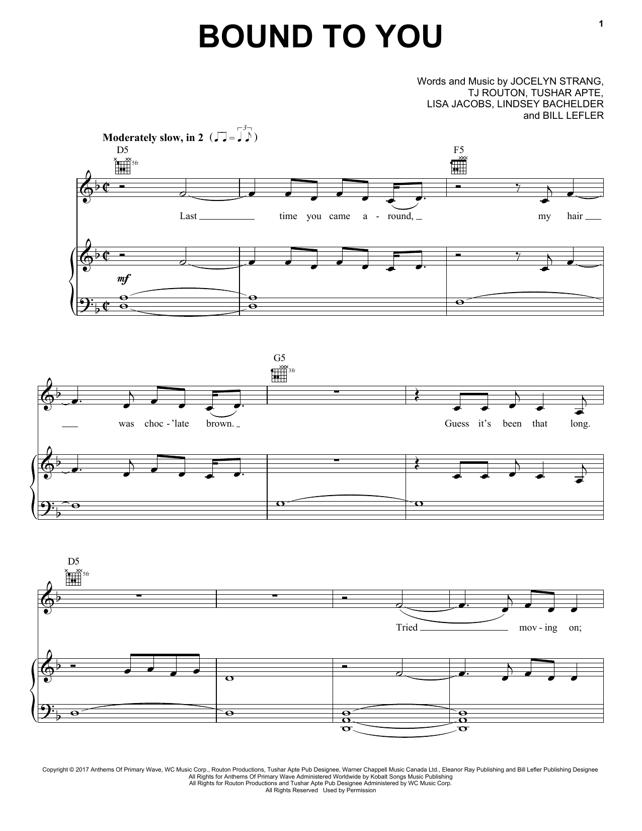 Jocelyn Alice Bound To You Sheet Music Notes & Chords for Piano, Vocal & Guitar (Right-Hand Melody) - Download or Print PDF