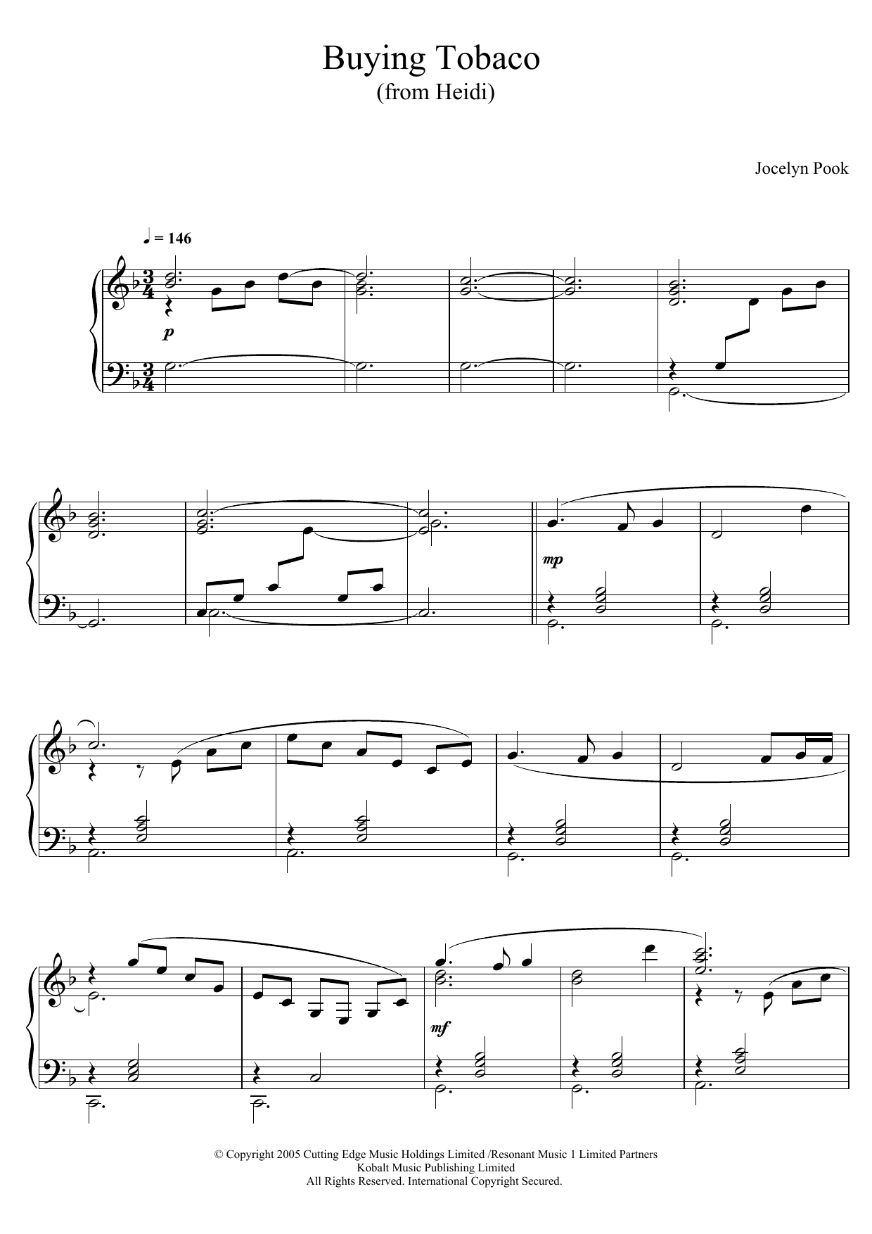 Jocelyn Pook Buying Tobaco (From 'Heidi') Sheet Music Notes & Chords for Piano - Download or Print PDF