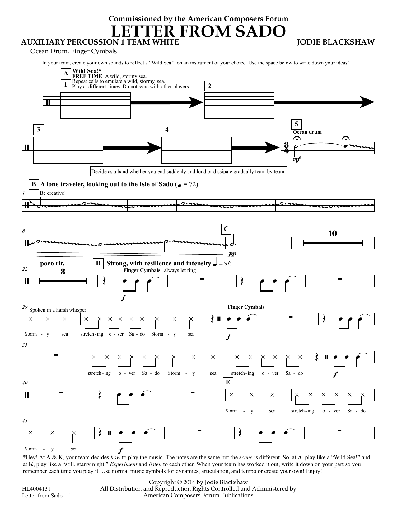 Jodie Blackshaw Letter from Sado - Aux Perc 1 Team White Sheet Music Notes & Chords for Concert Band - Download or Print PDF